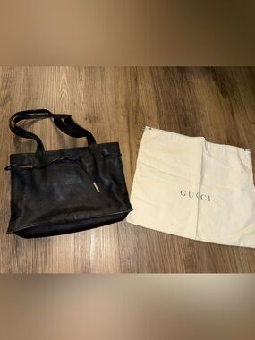 Gucci Black Leather Shoulder Tote with Drawstring Detail